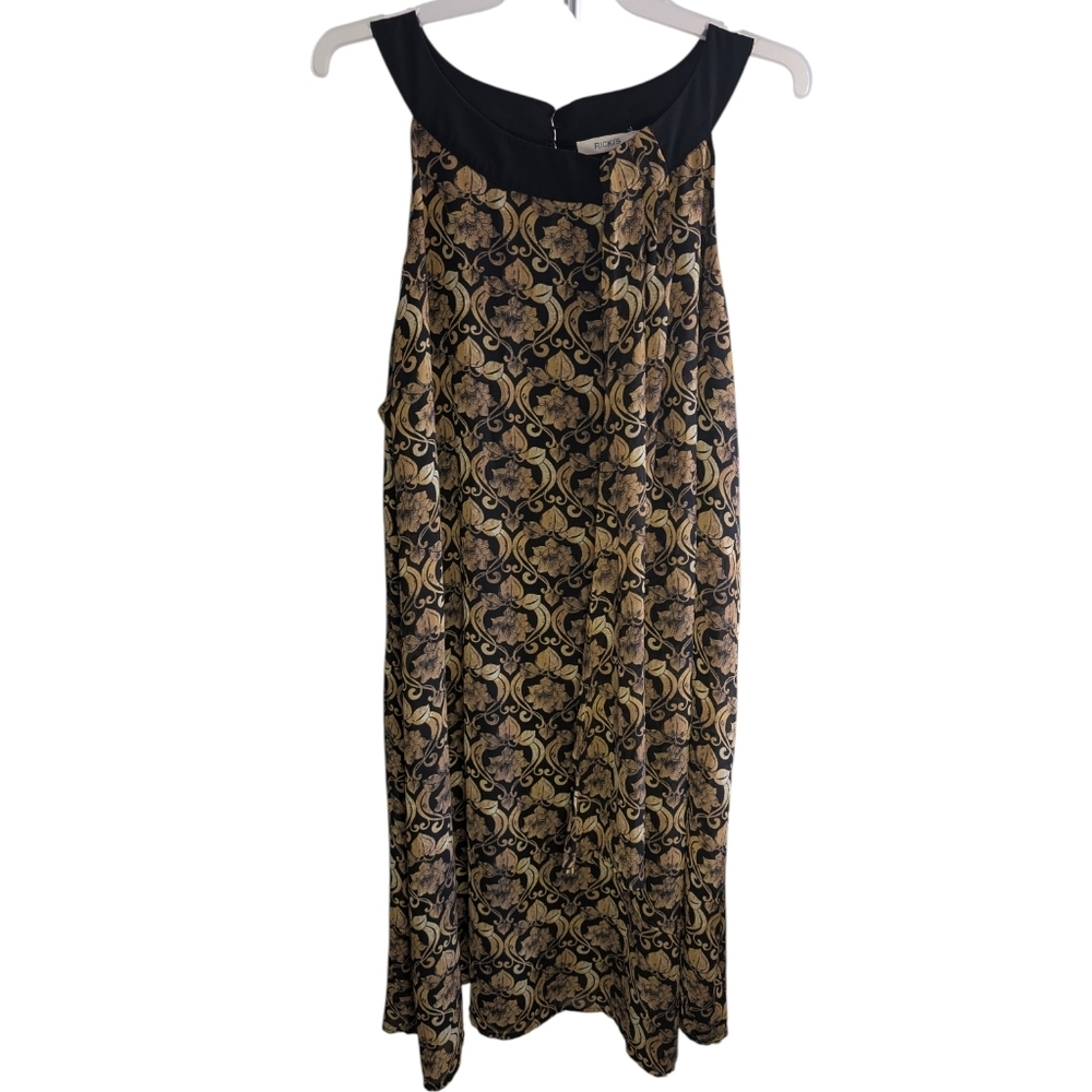 Ricki’s Black Gold Baroque Midi Dress XL Flowy Sleeveless Dark Quiet Luxury - Picture 3 of 11